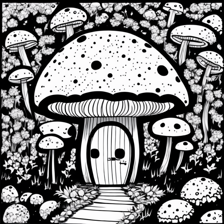 mushroom shaped house, cute coloring page