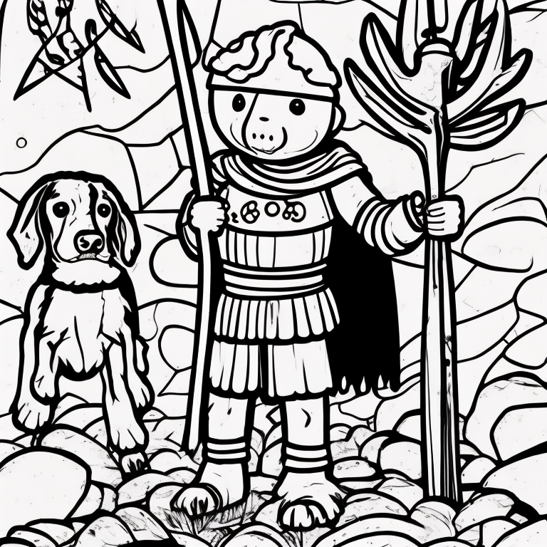  “A scene from the Bible story of David and Goliath. David, a young shepherd boy, stands confidently with a sling in his hand, while the giant Goliath looms in the background, wearing armor and holding a massive spear.” coloring page