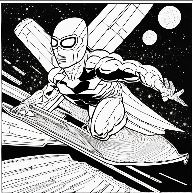 silver surfer flying over green market coloring page