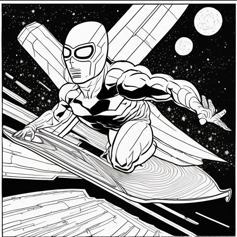 silver surfer flying over green market