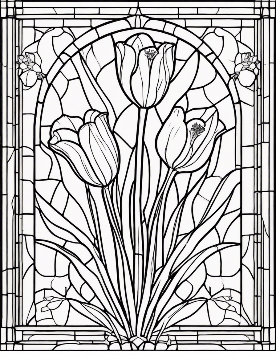 square stained glass window with fritillaria coloring page