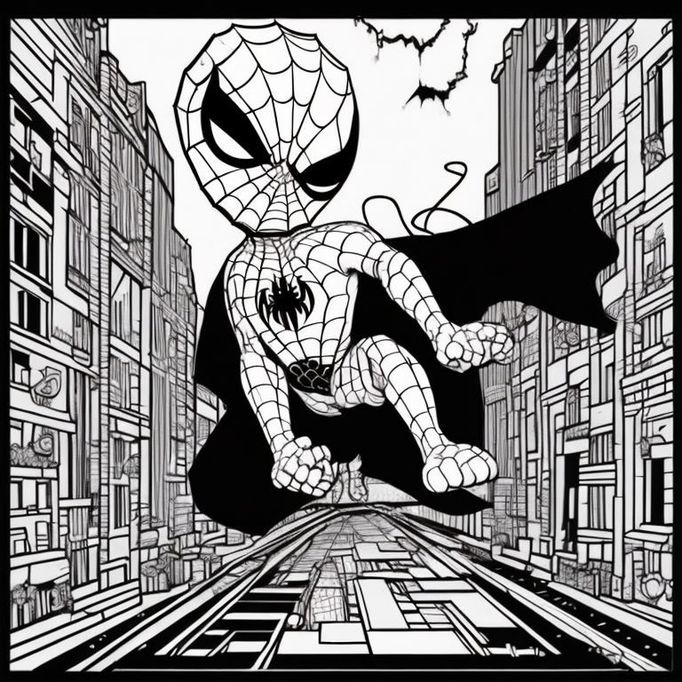 cat spiderman bit the fish flying between buildings coloring page