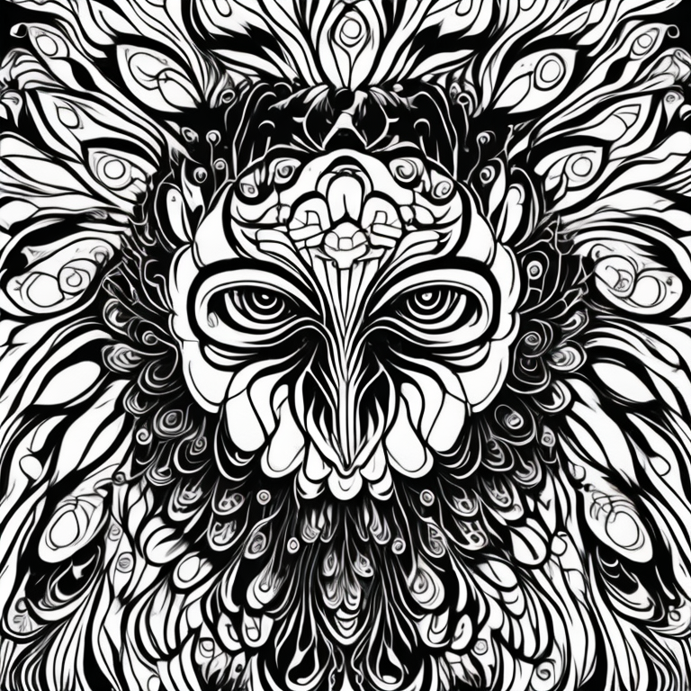 Macro, Geometric, Peacock face built out of 3-dimension coloring page