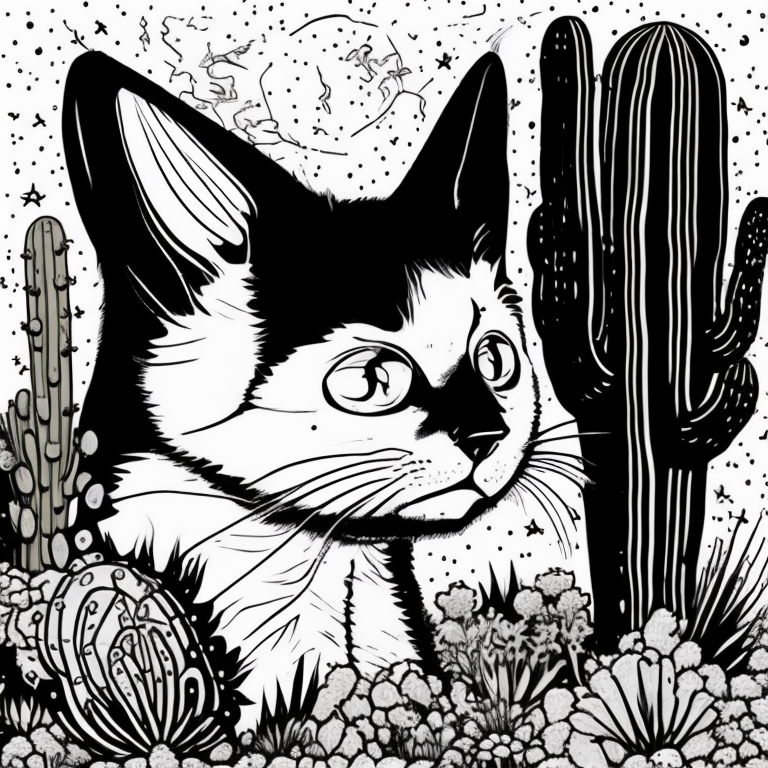 a cat and a cactus coloring page