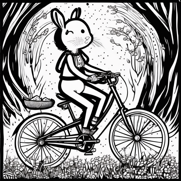 girl riding a bicycle with a rabbit in the basket