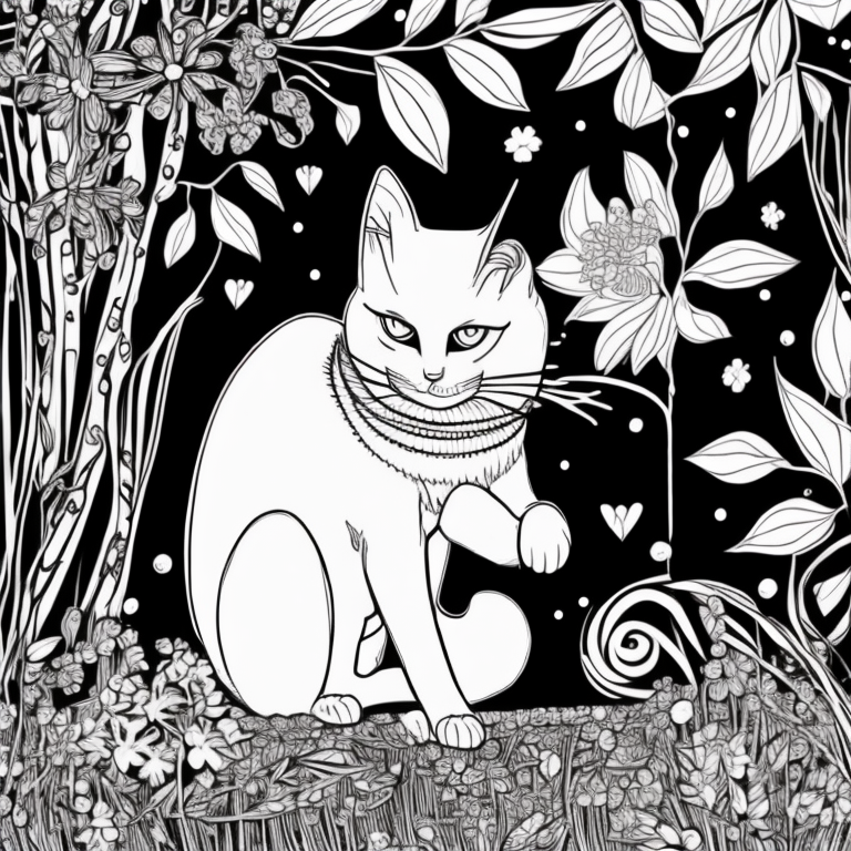 esign an adult coloring page portraying the shadow cat in a serene forest glade, surrounded by vibrant flora and illuminated by the soft glow of fireflies. Utilize a continuous line drawing style, employing simple lines that facilitate easy coloring while retaining a touch of realism. Convey the enchanting ambiance of the nighttime woodland through subtle yet intricate details, evoking a sense of tranquility and connection with nature. Present the image in black and white against a white background, harmonizing with the aesthetic preferences prevalent on creative platforms such as ArtStation. Ensure a clear focus and delicate composition, inviting colorists to immerse themselves in the captivating world of the shadow cat's mystical transformation.