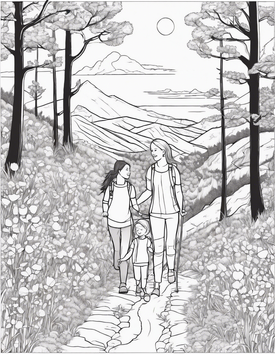 Create a coloring page featuring a mother and child hiking up a gentle trail, surrounded by trees, birds, and a clear sky. Include details like wildflowers and a winding path to add interest. coloring page