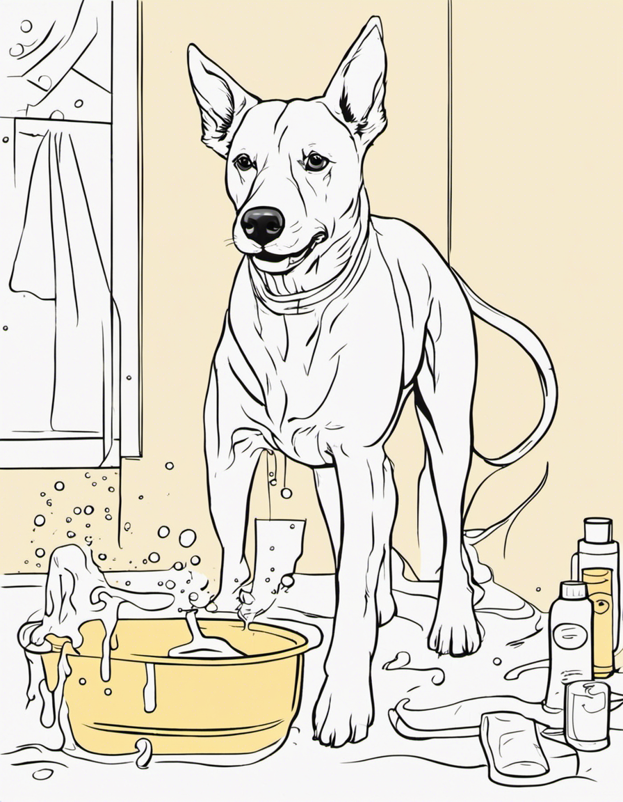 a cute dog washings a yellow t-shirt  coloring page