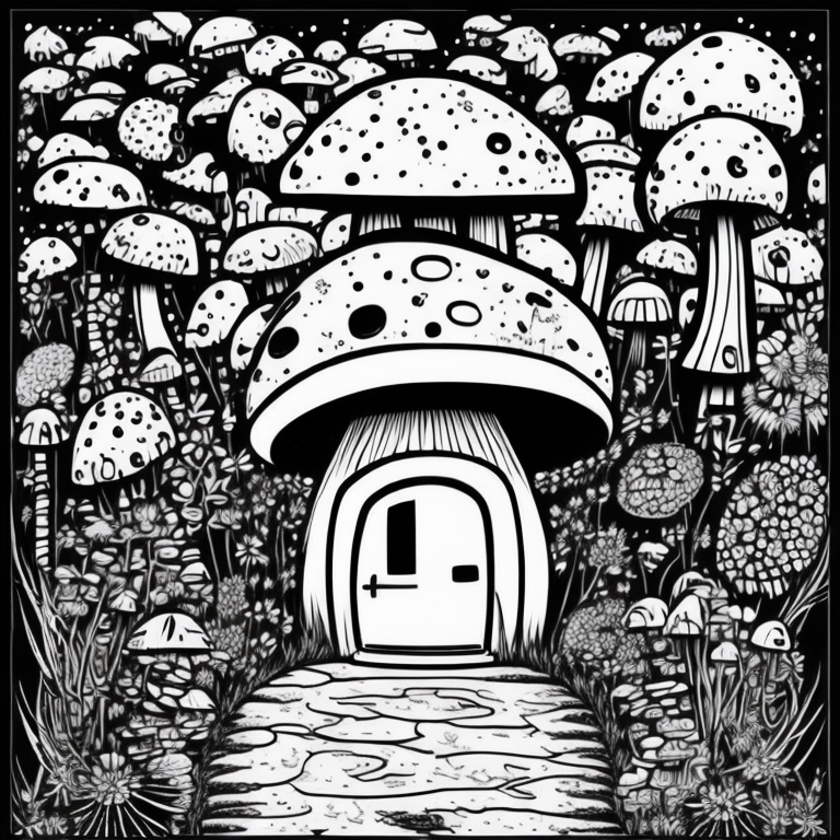 mushroom shaped house, cute coloring page