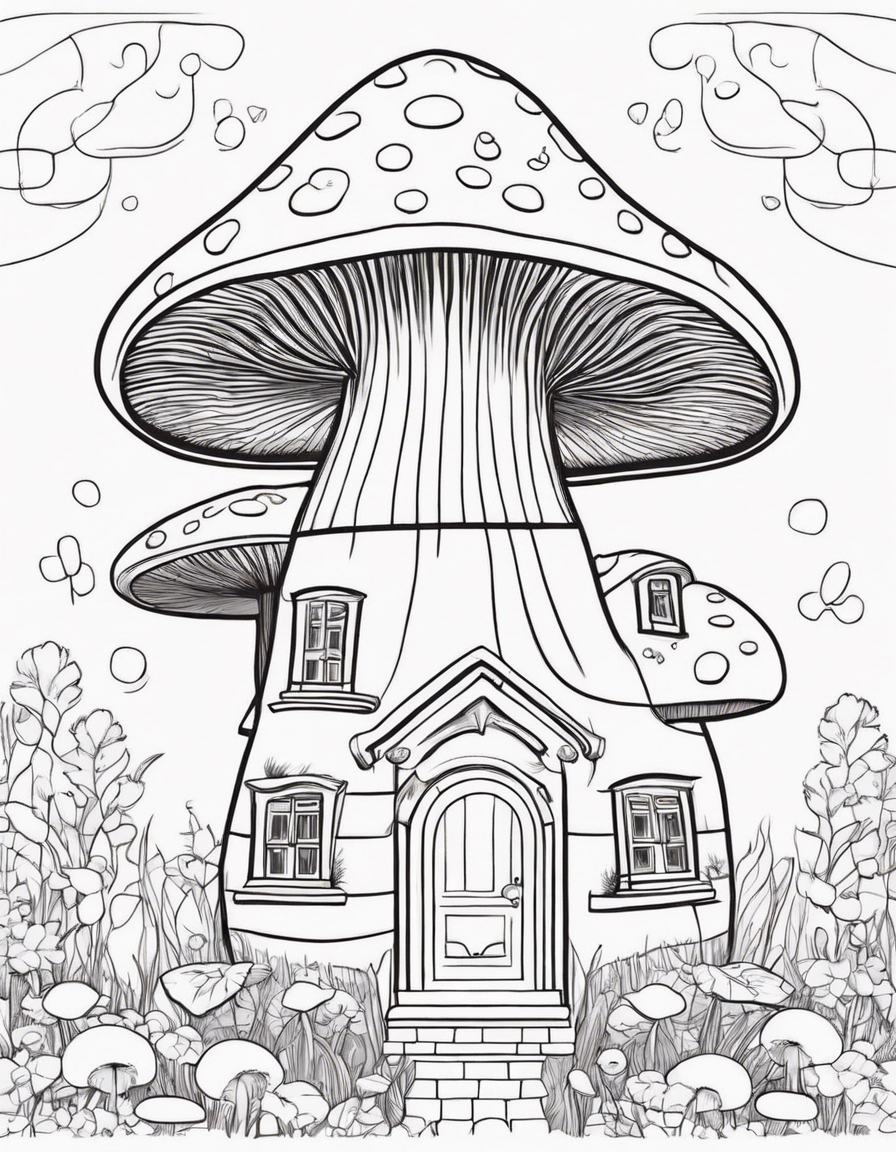 mushroom shaped house, cute coloring page