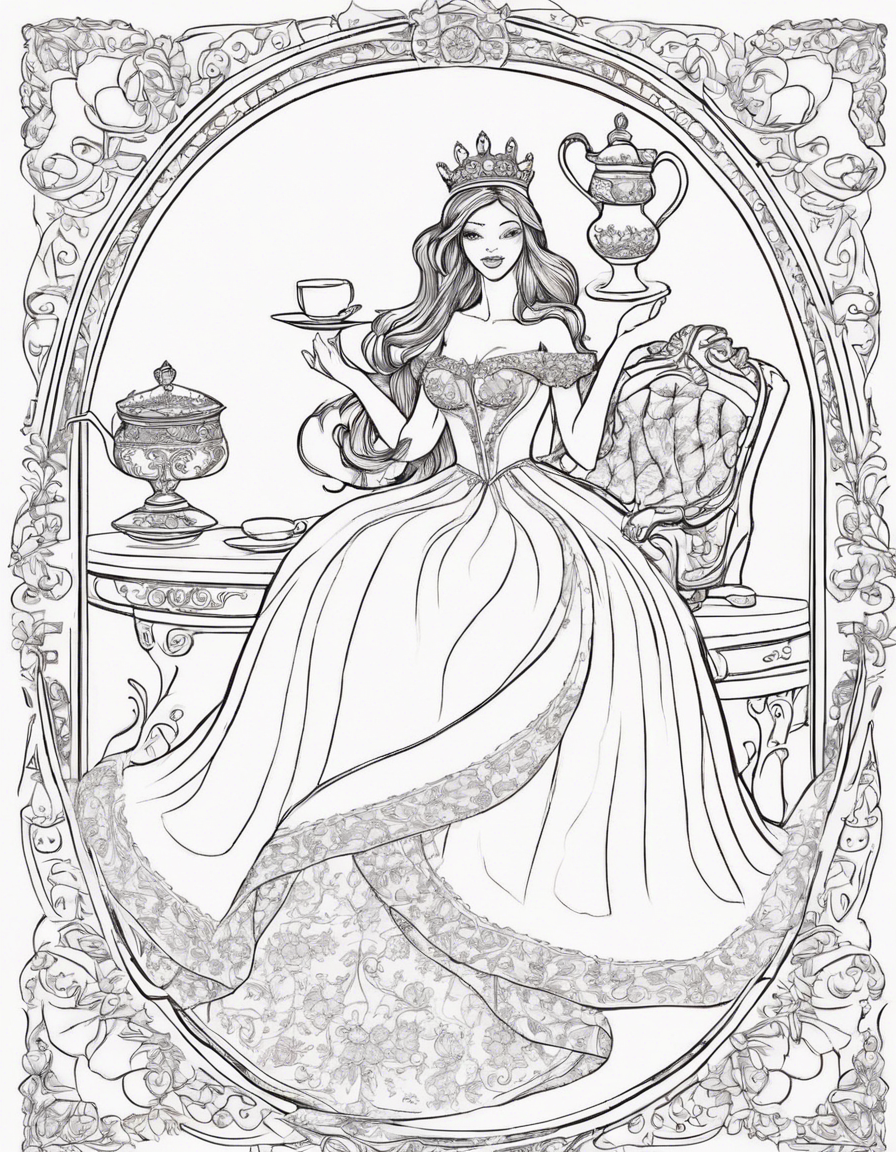 Princess: The central figure of the illustration should be a princess drinking tea or holding a cup. She can be depicted wearing a beautiful gown or dress, with a crown or tiara on her head to signify her royalty. Tea Set: Include a tea set with a teapot, teacup, and saucer. The tea set can be ornate and elegant, reflecting the princess's refined taste. Flowers: The illustration should have an abundance of flowers surrounding the princess. Use a variety of colorful flowers like roses, daisies, tulips, and lilies to create a vibrant and enchanting atmosphere. Tea Party Setting: Create a cozy and picturesque scene by including a table or picnic blanket with a floral tablecloth where the princess can enjoy her tea. Add teacups, plates, and utensils to enhance the tea party ambiance. Nature Elements: Incorporate natural elements like trees, bushes, grass, or a meadow in the background to give the illustration depth and context. This will also complement the princess's surroundings in the flower-filled environment. Butterflies and Birds: To add an extra touch of whimsy, include butterflies fluttering around the flowers or birds perched on branches nearby. This will bring life to the illustration and create a sense of movement. Delicate Details: Pay attention to small details, such as the princess's facial expression, hair, and clothing details. Add intricate patterns to her attire or jewelry to make her look regal and elegant. Soft Color Palette: Opt for a soft and pastel color palette to maintain a gentle and dreamy atmosphere. Light pinks, purples, and blues can be used for the princess's dress and the flowers, while greens and browns can be used for the natural elements. Error-Free Execution: Ensure that the design is meticulously executed, with clean lines, smooth color transitions, and attention to proportion and perspective. Avoid any glaring errors or inconsistencies that may distract from the overall beauty of the illustration. coloring page