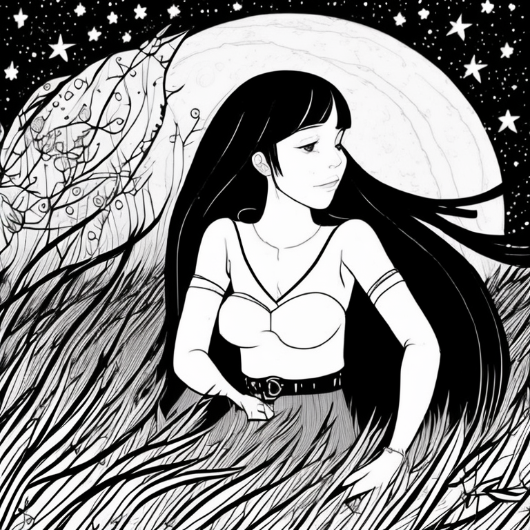 a beautiful girl with dark hair lying on a field of grass looking at the starry sky being illuminated by the beautiful moon. coloring page