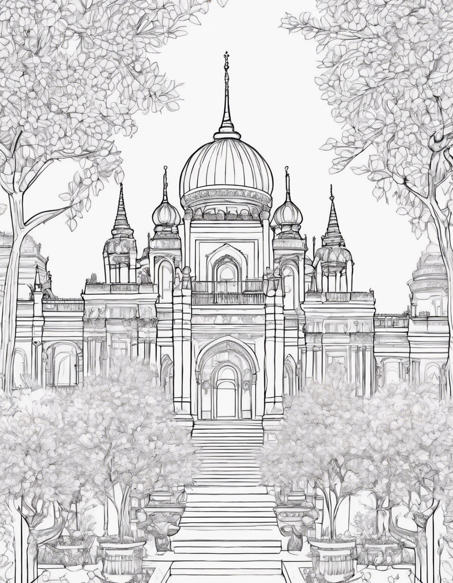 Create a coloring page featuring a grand palace with a majestic garden. In the garden, people gather around a beautifully lit tree, the focal point of a festive winter celebration. coloring page