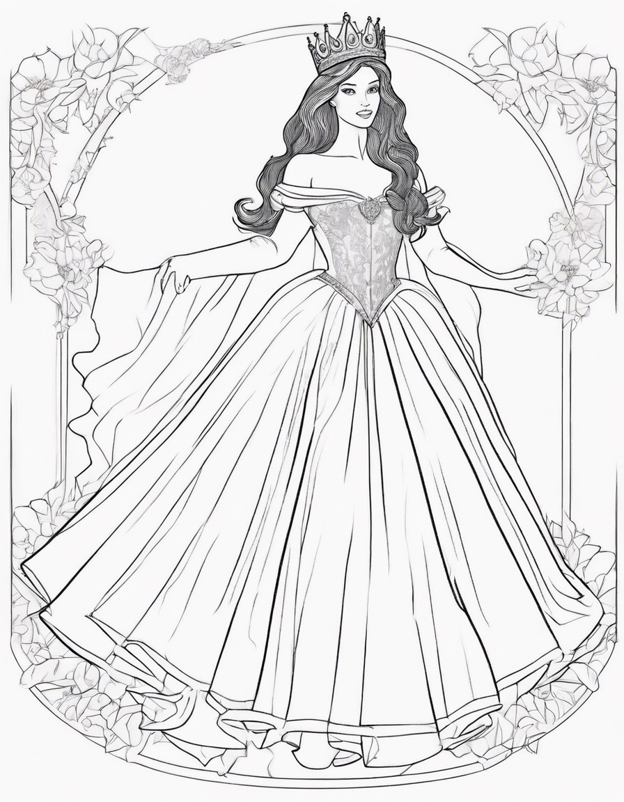 Create a line art,clear white background drawing of a princess  for a colouring book for girls no color outline art sketch drawing ,full body smooth visually appealing,clear appearance  coloring page