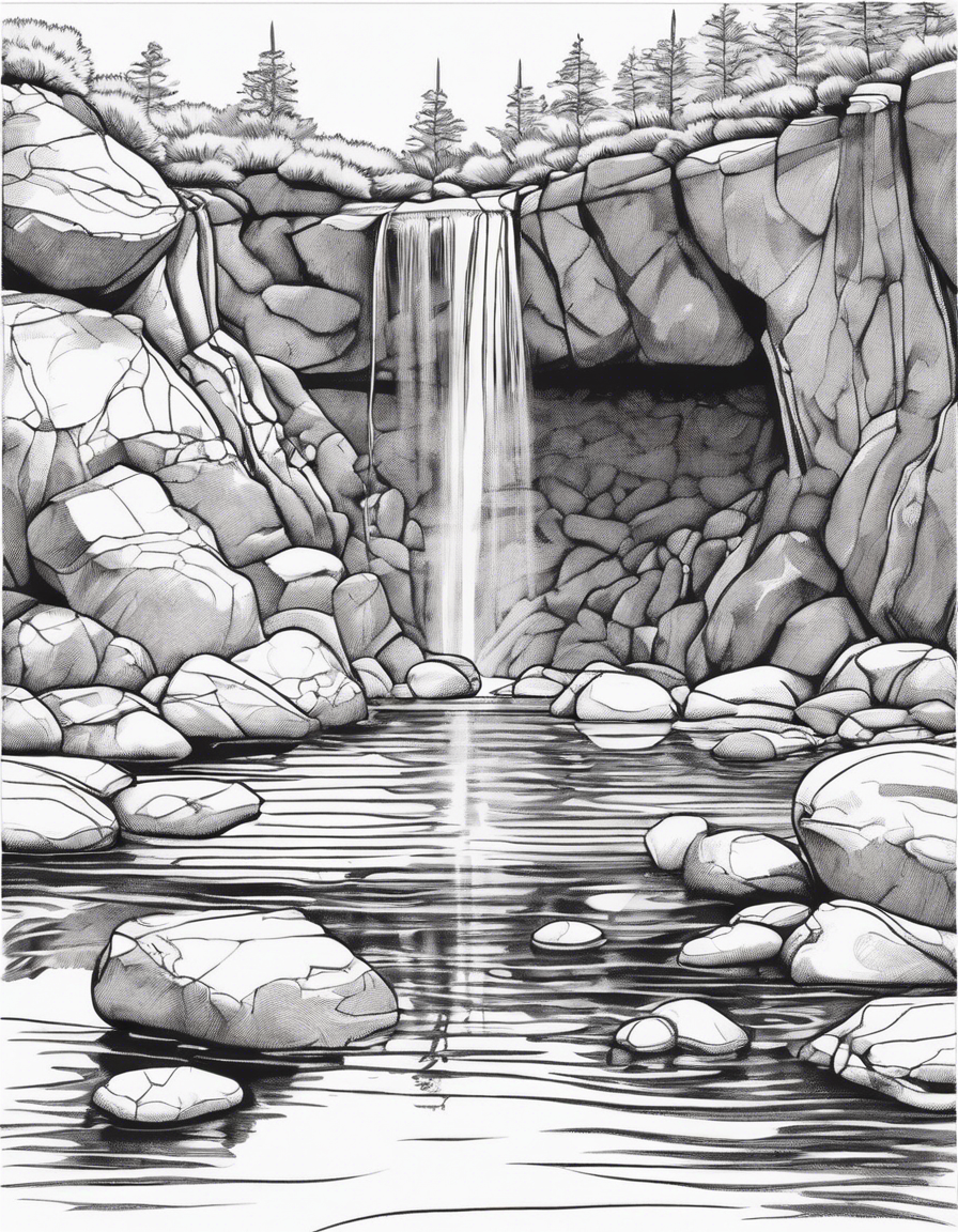 Rock Pool at Waterfall Base: A serene rock pool at the base of a waterfall, with smooth, polished stones and clear water reflecting the surrounding landscape. coloring page
