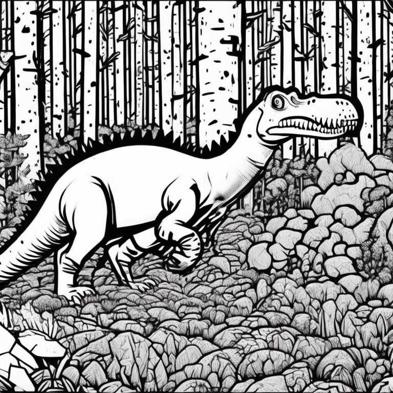 A dinosaur walking through the forest coloring page