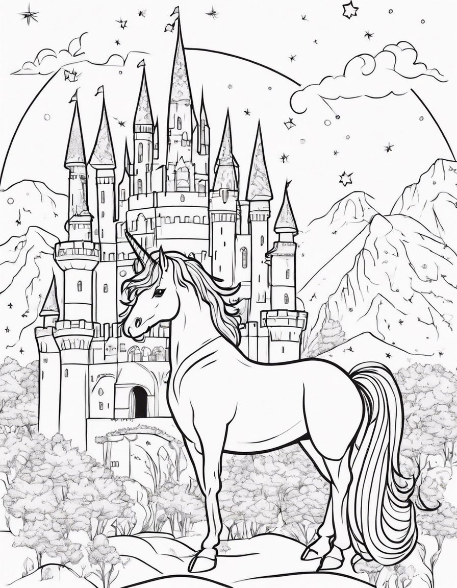 unicorn with castle coloring page