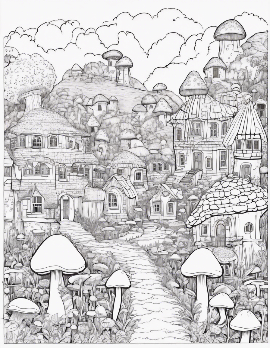 Village made of mushroom buildings, detailed coloring page