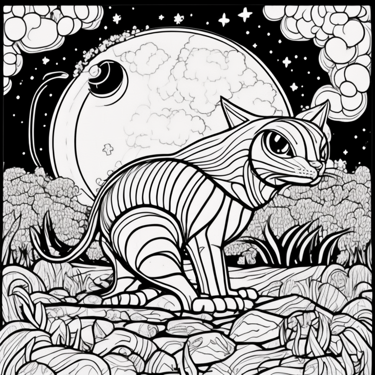 Design an adult coloring page featuring the shadow cat observing waves breaking on a moonlit beach. Utilize a continuous line drawing style with simple lines, suitable for easy coloring while maintaining a realistic look. Convey the tranquility of the nocturnal scene through minimalist details and a serene atmosphere. Present the image in black and white against a white background, aligning with the prevailing aesthetic trends found on platforms like ArtStation. Ensure a clear focus and intricate composition, offering colorists an immersive and meditative coloring experience. coloring page