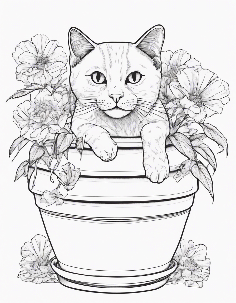 cat in a flower pot coloring page