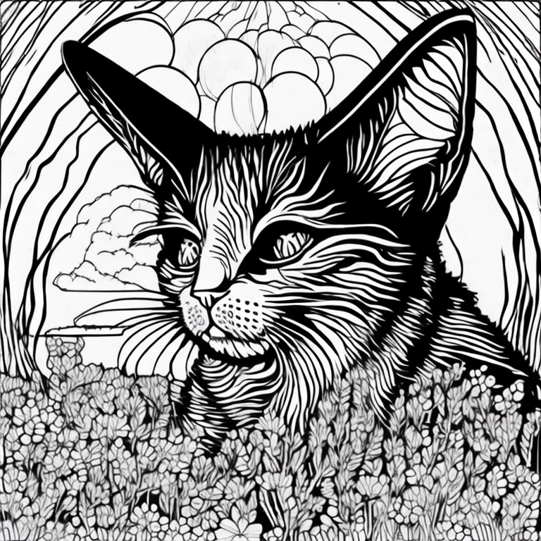 Design an adult coloring page showing the shadow cat beside a river of light, its wings reflecting the colors of the rainbow.