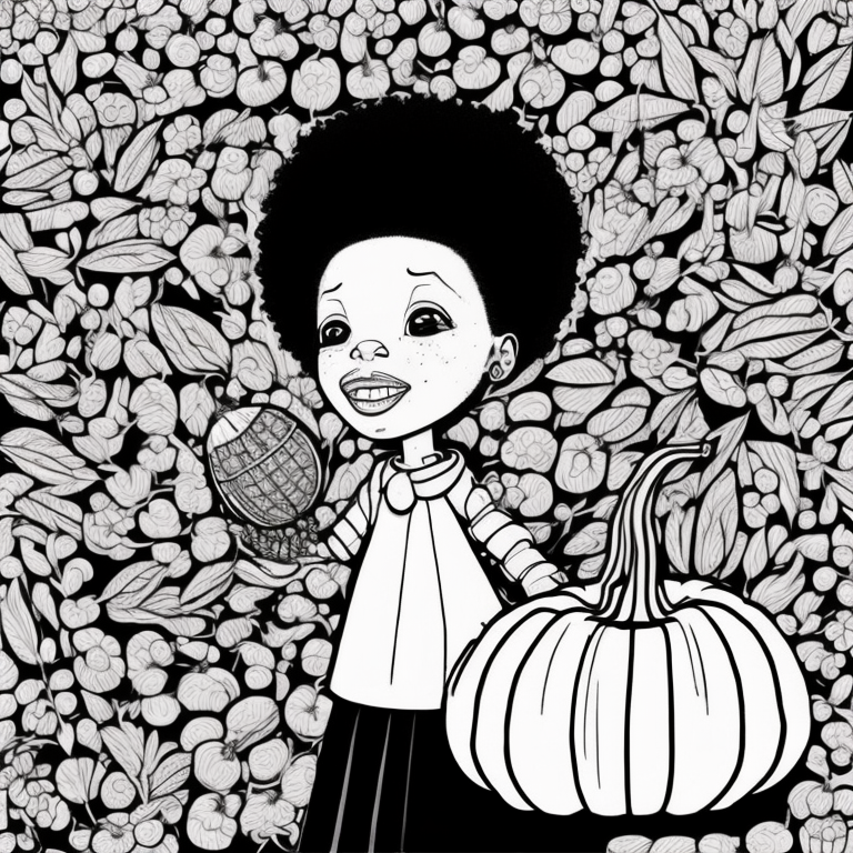 black girl with pumpkin in hand coloring page