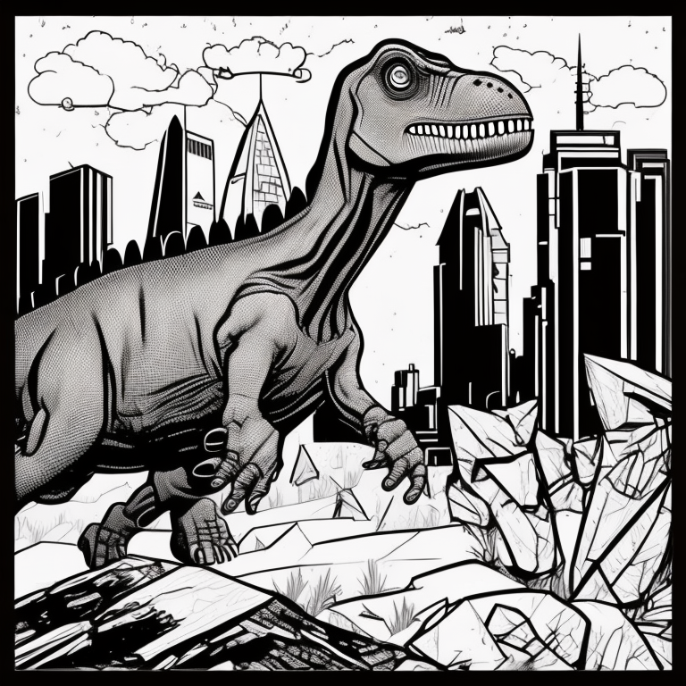 Create images of dinosaurs, with few details and no colors, just the outlines of the images, place the dinosaur in the foreground, and in the second and third plane create images of cities with no colors and just the outlines. coloring page