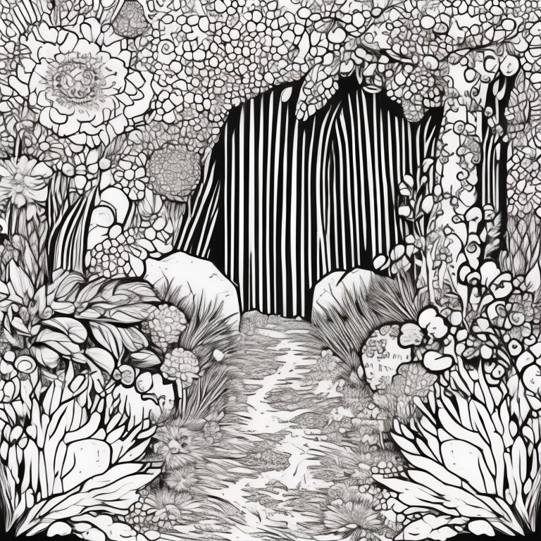 portão aberto com um jardim no fundo coloring page