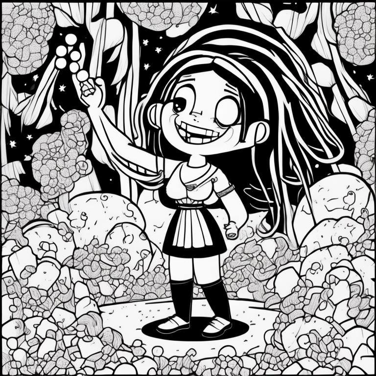 Cartoon girl with braids singing happily in a forest of candy