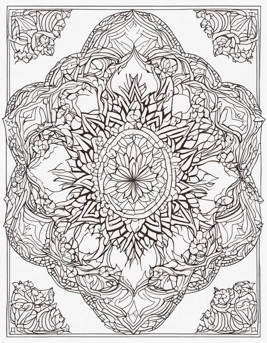 geometric mandala with floral motifs. Full and detailed 3D coloring page
