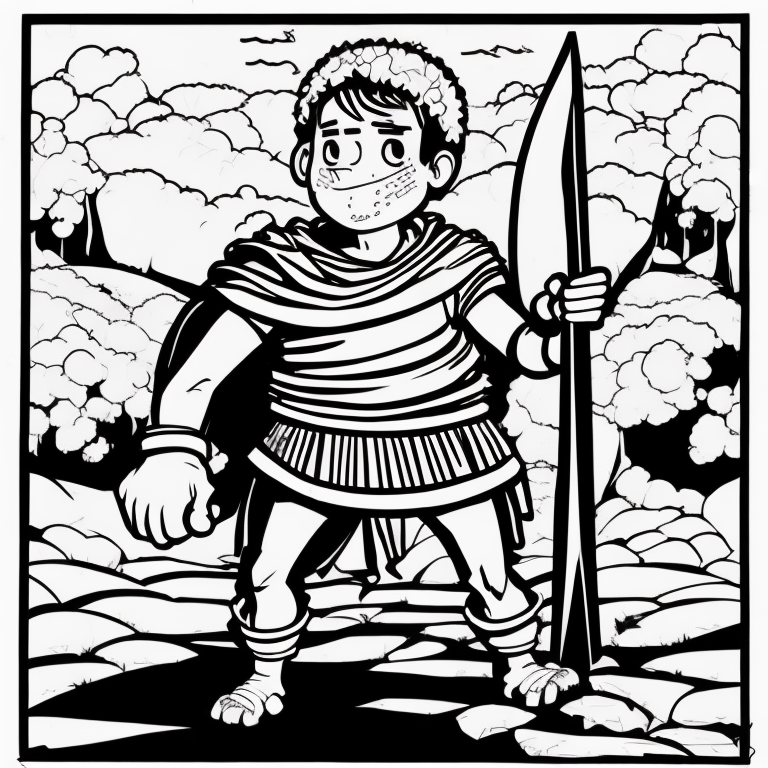 “A scene from the Bible story of David and Goliath. David, a young realistic shepherd boy, stands confidently with a sling in his hand, while the giant Goliath looms in the background, wearing armor and holding a massive spear.”