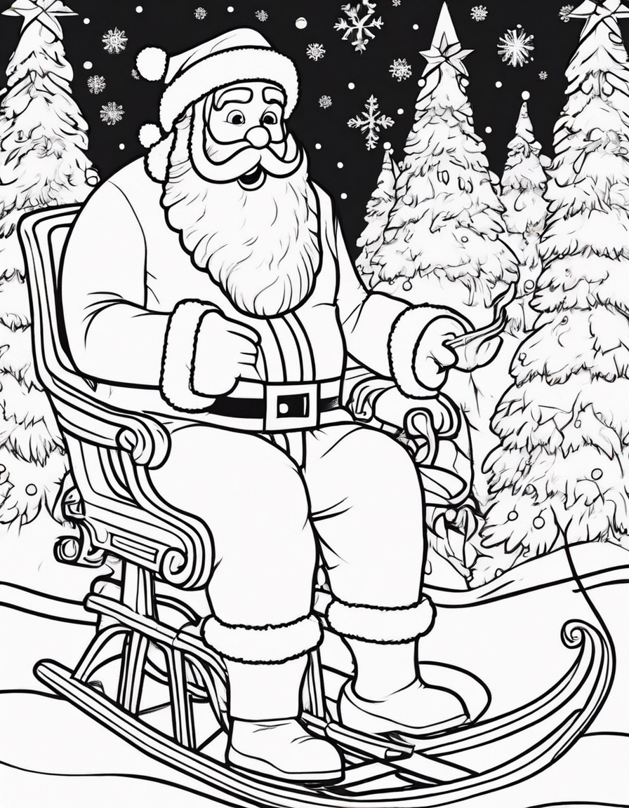 christmas Santa Claus theme, coloring book page, for kids, white and black , sweet, christmas hat, Sleigh, Christmas Tree, Reindeer  coloring page