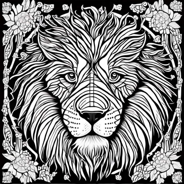 Coloring page for adults, bold lines, dark lines, mandala puppy body, mandala lion face, mandala face, symmetrical, white background, clean line art, fine line art 