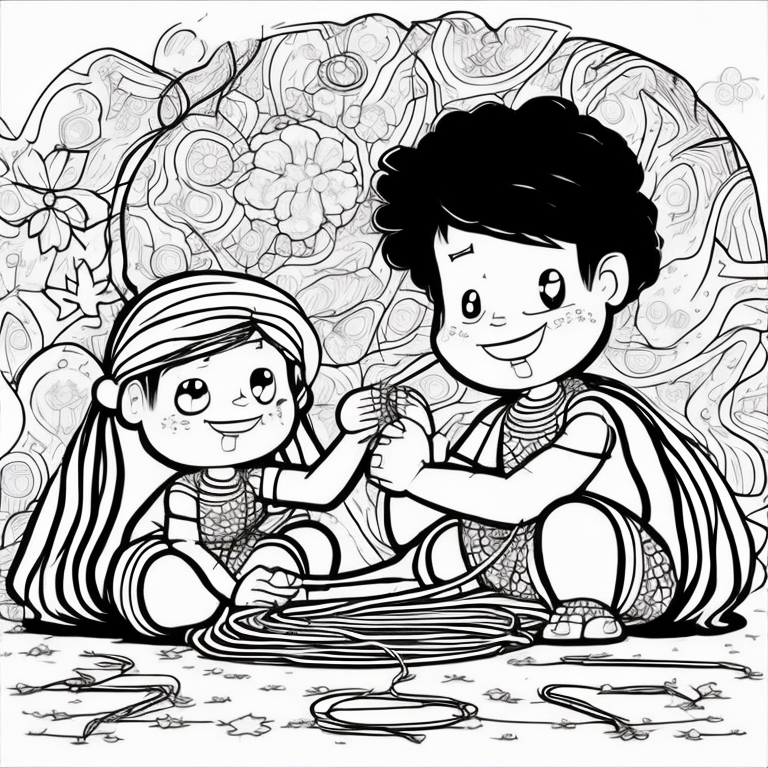 Create an illustration of siblings tying rakhi (decorative thread) on each other's wrist to symbolize their bond and love for each other. coloring page