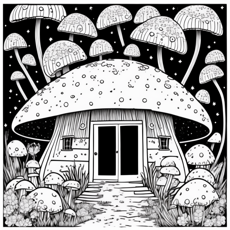 mushroom shaped house, cute coloring page