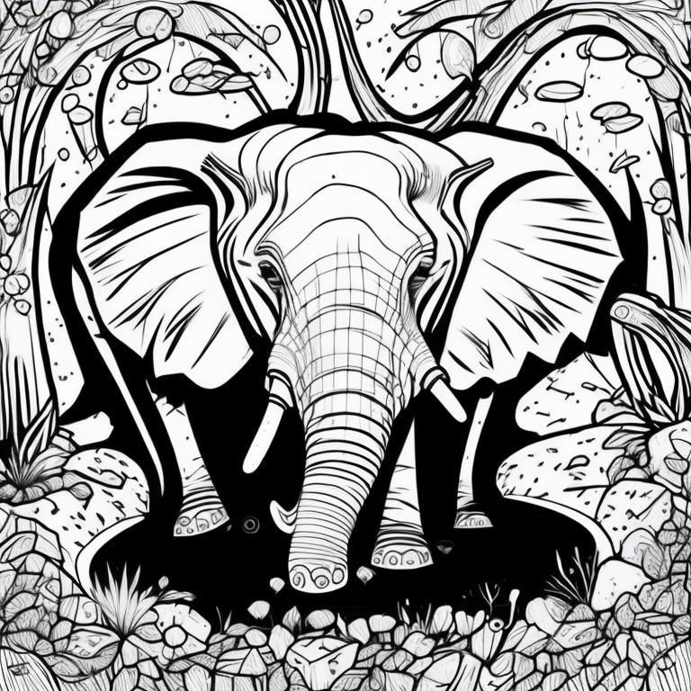 crie um elefante preto e branco para colorir