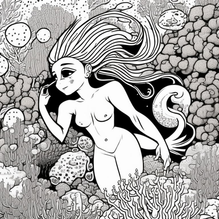 Mermaid in the reef coloring page
