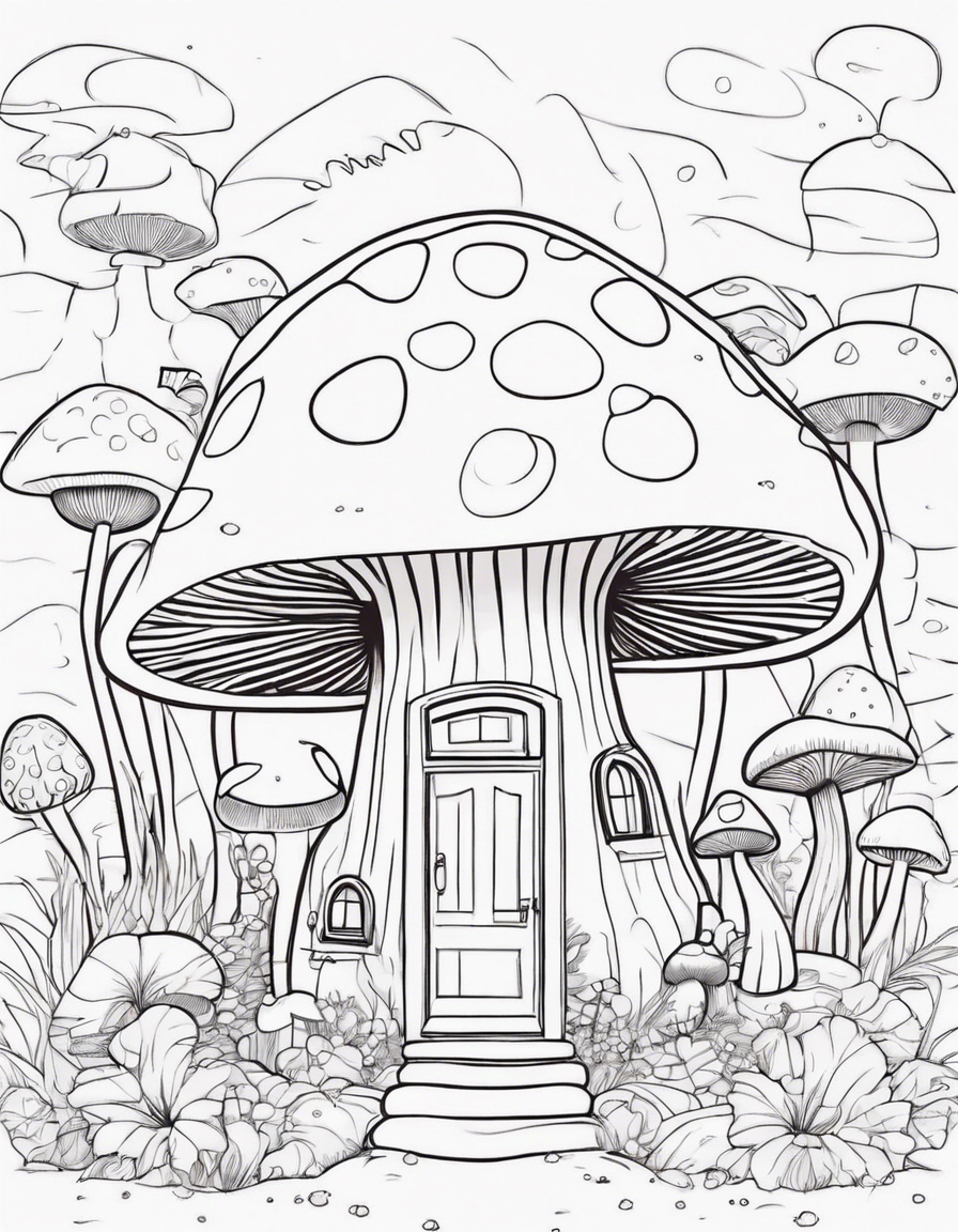 mushroom shaped house, cute coloring page