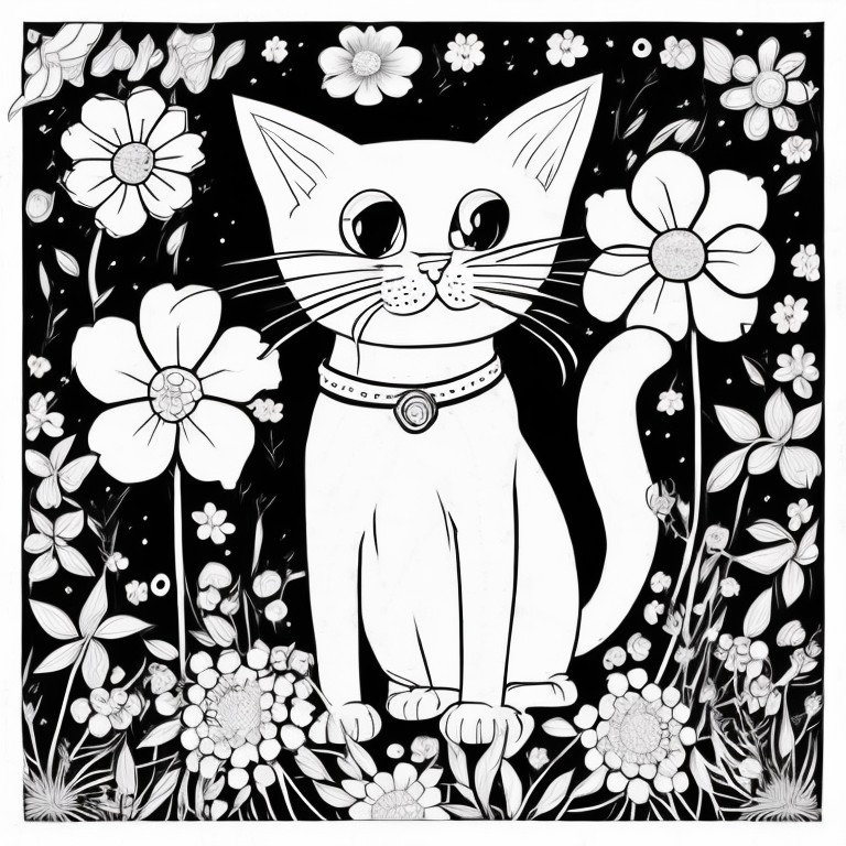 "Cat playing in the springtime with flowers", cartoon style, low detail. thick lines, no shading -- ar 9:11