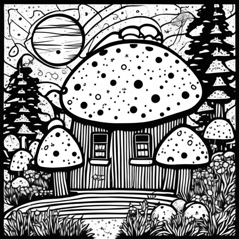 mushroom shaped house, cute coloring page