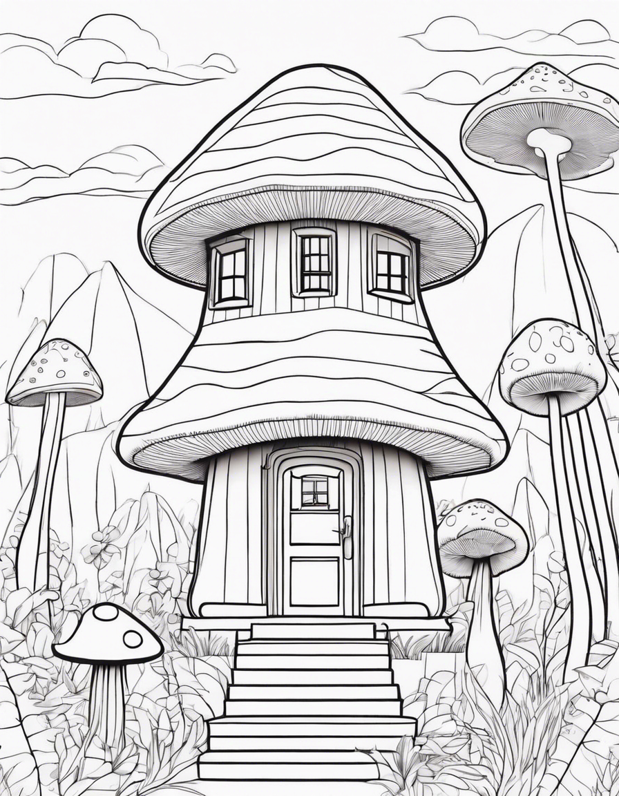 mushroom shaped house, cute coloring page