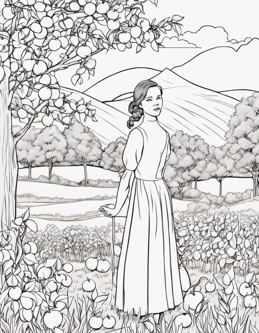 Young Mennonite woman modest long dress with headcovering swinging on a swing with apple trees in landscape behind her coloring page