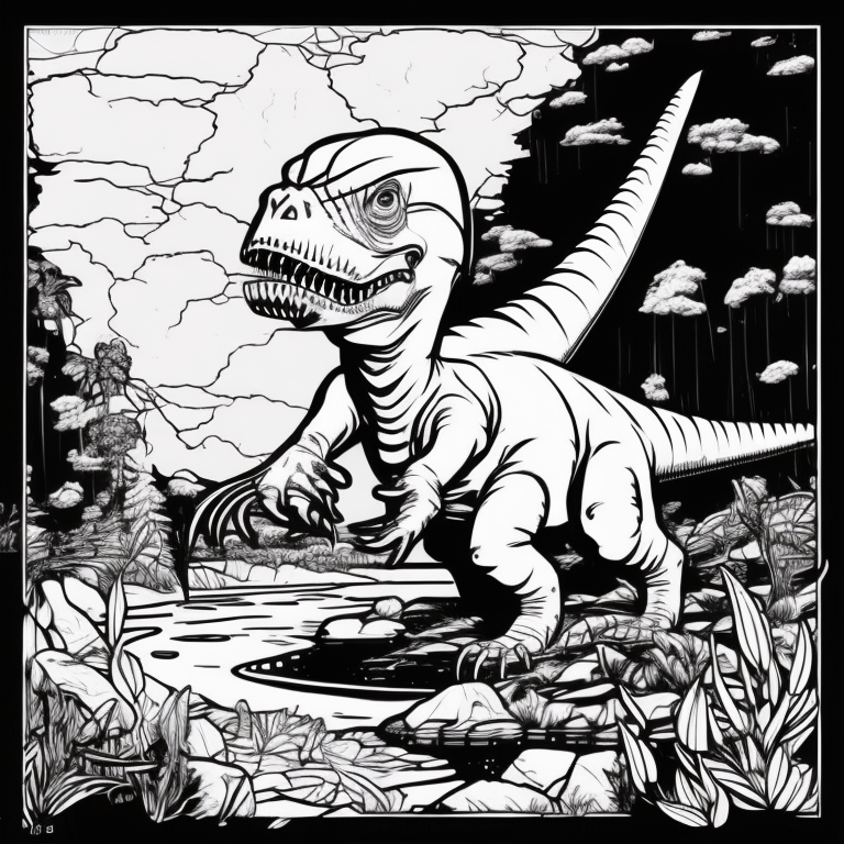 a dinosaur eating with a stream in the background coloring page