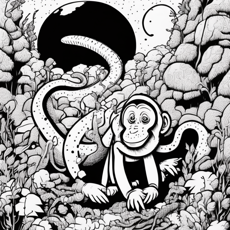 amazon forest with snake, monkey, ant coloring page