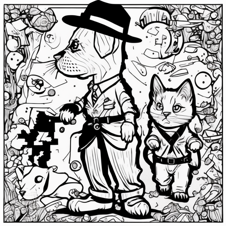 Cat and dog following clues in a detective adventure coloring page