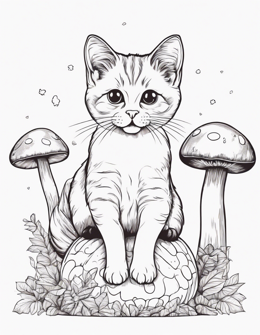 a cute cat sitting on top of a mushroom coloring page