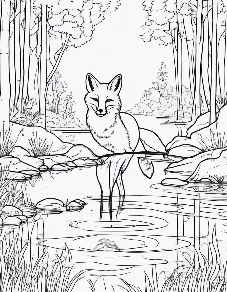 fox swimming across a pond in a forest  coloring page