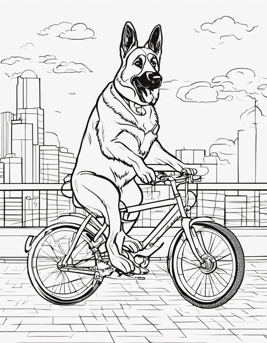 A German shepherd riding a bicycle made for two coloring page