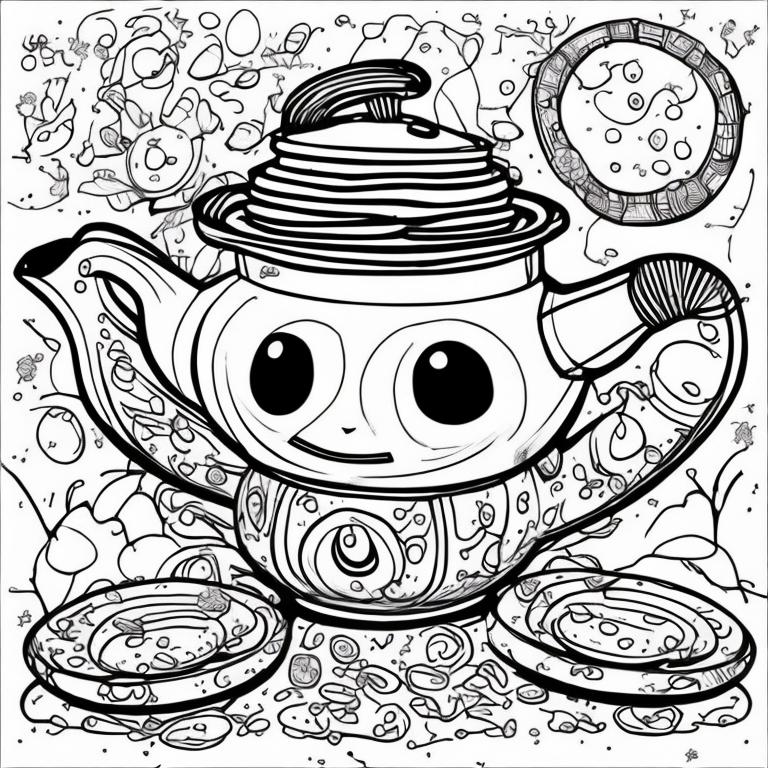 cute dancing teapot and plates on side coloring page