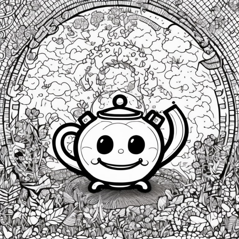 smiling teapot, cute coloring page